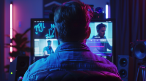 mężczyzna siedzący tyłem do obiektywu, przed komputerem, w kolorowym świetle, korzystający z Sora AI