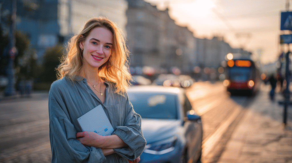 A photorealistic portrait of a Polish woman smiling proudly, holding only car insurance documents, standing next to her car on a Warsaw street. Background: modern Polish buildings and tram lines. Golden hour sunlight casts soft shadows, highlighting her relief and satisfaction. Created Using: Canon EOS R5 with 85mm lens, cinematic portrait style, HDR lighting, Polish urban realism, shallow depth of field, vibrant color grading, realistic detail, hd quality, natural look