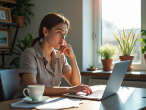 A young woman analyzing data on her laptop in a modern home office, with natural light streaming through a window and a cup of coffee on her desk.