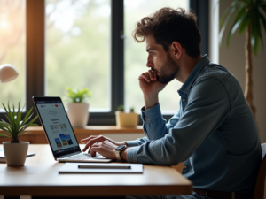A young entrepreneur working on a laptop at a modern desk, with a reflink webpage open on the screen, illuminated by natural light.