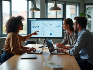 A modern office scene with three professionals collaborating around a table, discussing the n8n workflow interface in bright natural light.
